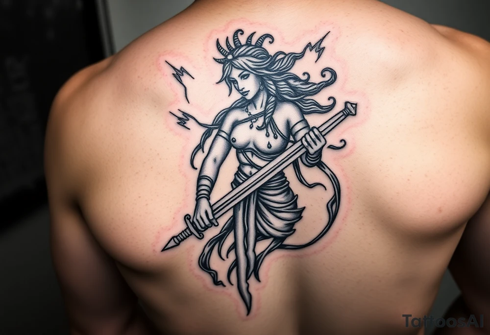 Greek goddess warrior with long dagger and realistic lighting bolts going around body Greek mythology style with dark shading tattoo idea