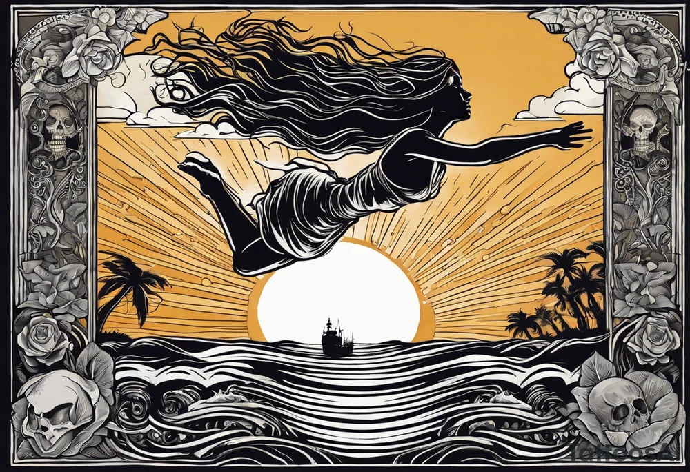 In a rectangle: woman underwater reaching up to the sky towards the sun. Under the water there is a layer of earth with Skeletons underground. “Momento Mori” written on the bottom of the rectangle and “Momento Vivere” written on the top of the rectangle tattoo idea