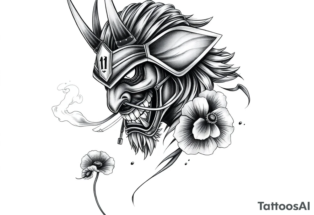 Ronin with smoke coming out of its mouth with 11b tattooed under its left eye with 1 poppy on each side of the ronin tattoo idea