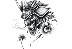 Ronin with smoke coming out of its mouth with 11b tattooed under its left eye with 1 poppy on each side of the ronin tattoo idea