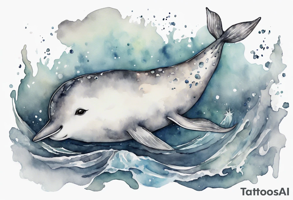 a watercolor painting of a narwhal in a grey sea tattoo idea