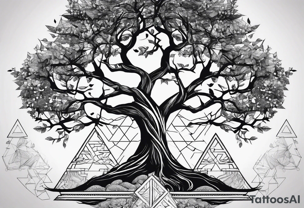 Yggdrasil tree with triangles set behind tattoo idea