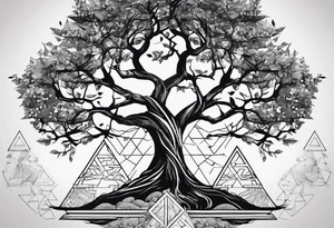 Yggdrasil tree with triangles set behind tattoo idea