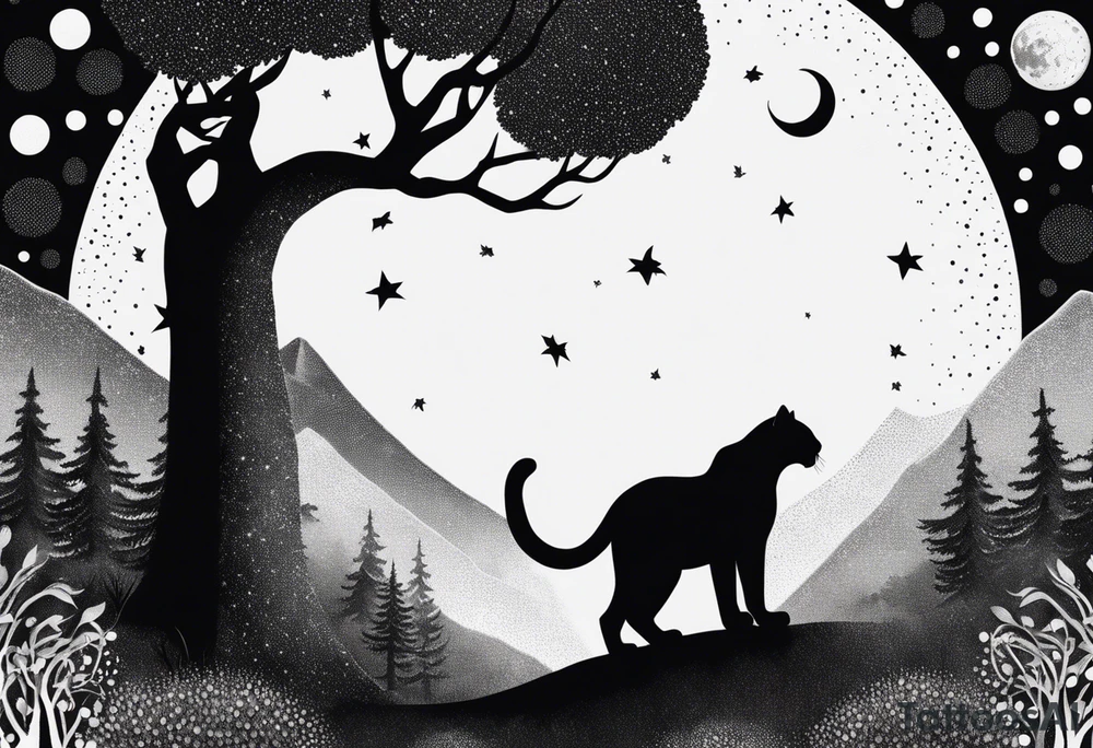 panther and a tree landscape moon tattoo idea