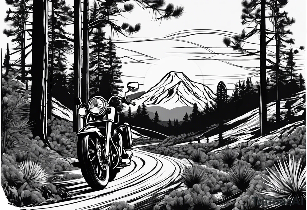 Sleeve tattoo
With 
Arizona flag 
Lion
Street glide Harley motorcycle  handlebars looking at a winding rode with pine trees on one side
And cactus on the other 
Winding rode with cactus on one side and pine trees on the other 
Mountain 
Vanitas tattoo idea