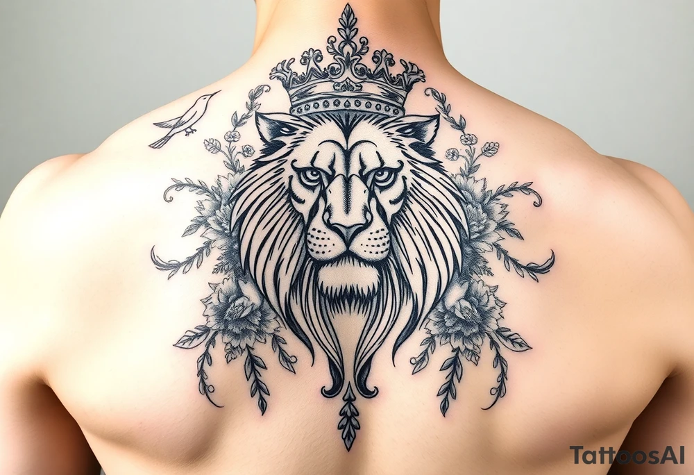 powerful majestic lion with a crown, surrounded by floral ornaments and birds tattoo idea
