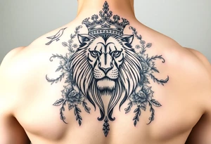powerful majestic lion with a crown, surrounded by floral ornaments and birds tattoo idea