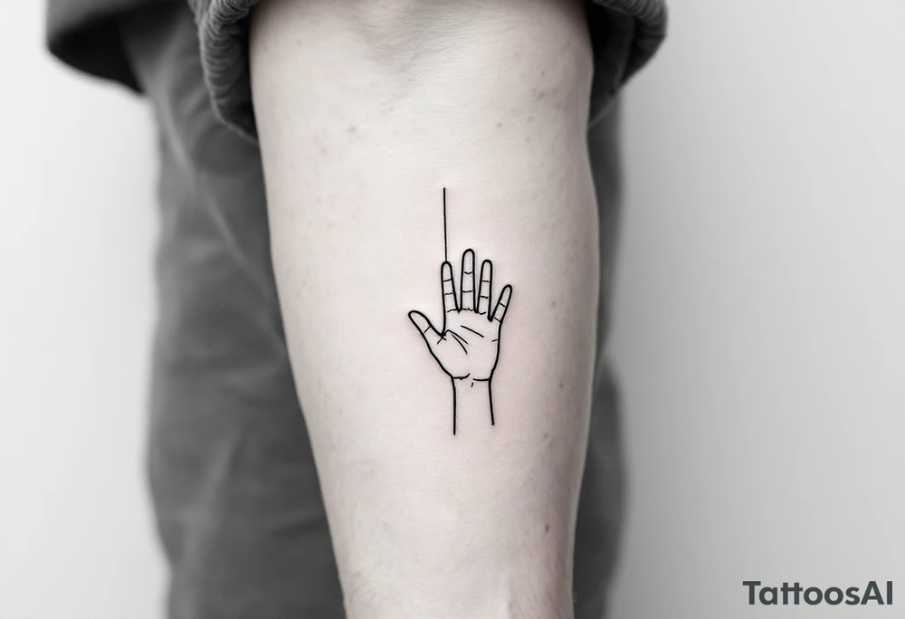 Minimalistic black line tattoo of a simple hand outline reaching toward a thin ray of light, clean and abstract design tattoo idea