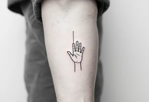 Minimalistic black line tattoo of a simple hand outline reaching toward a thin ray of light, clean and abstract design tattoo idea