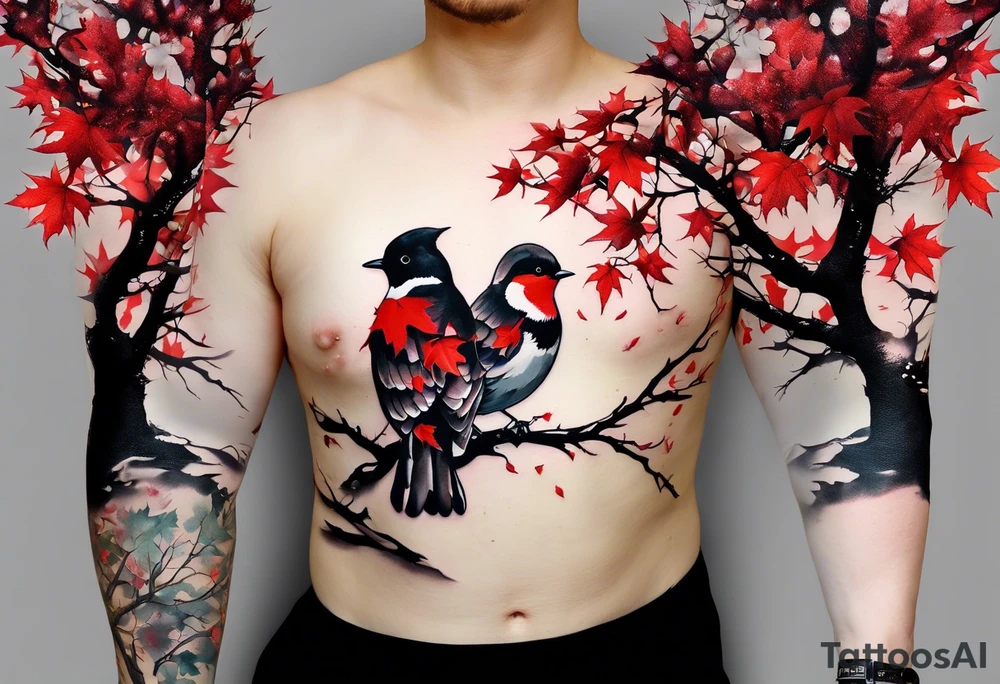 trash polka style. Arm tattoo. chest tattoo. Long tattoo. large tattoo. Full sleeve. Shoulder. A single large maple tree with red autumn leaves that branches upwards from wrist to shoulder. White-throated dipper bird on the trees branches. Calluna flowers at the base of the trees stem. Tree stem has dark colors. Red/yellow sunset behind the trees stem. Leaves falling. tattoo idea
