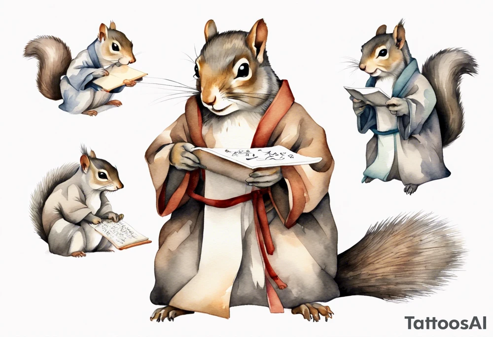 an elderly grey squirrel wearing a taupe  robe, writing on a scroll tattoo idea
