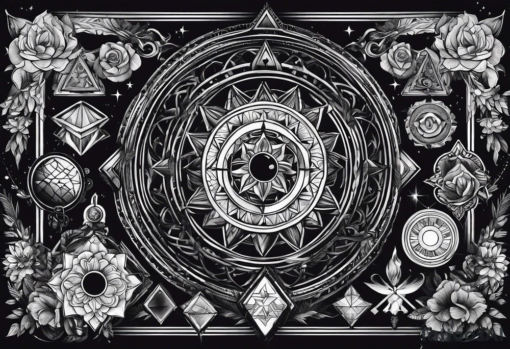 a bunch of ocultism signs tattoo idea