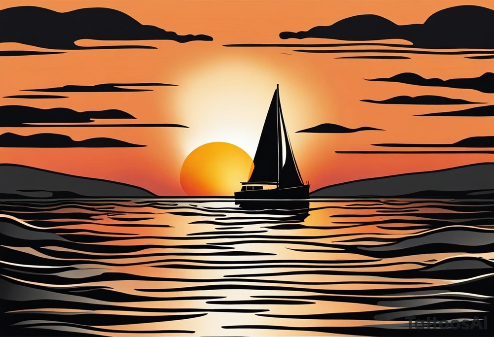 Sunset from the perspective of being on a boat on the ocean. The waves are very calm and there is no land in site. There are slight reflections of the sun on the water. The tattoo will be in landscape orientation on the forearm, rought 3 inches wide and 2 inches tall. The style is incredibly minimal and simple. Mostly black with small splashes of color from the sun. tattoo idea