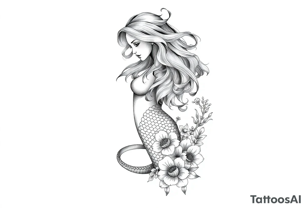 ethereal mermaid with flowing hair among coral and sea flowers tattoo idea
