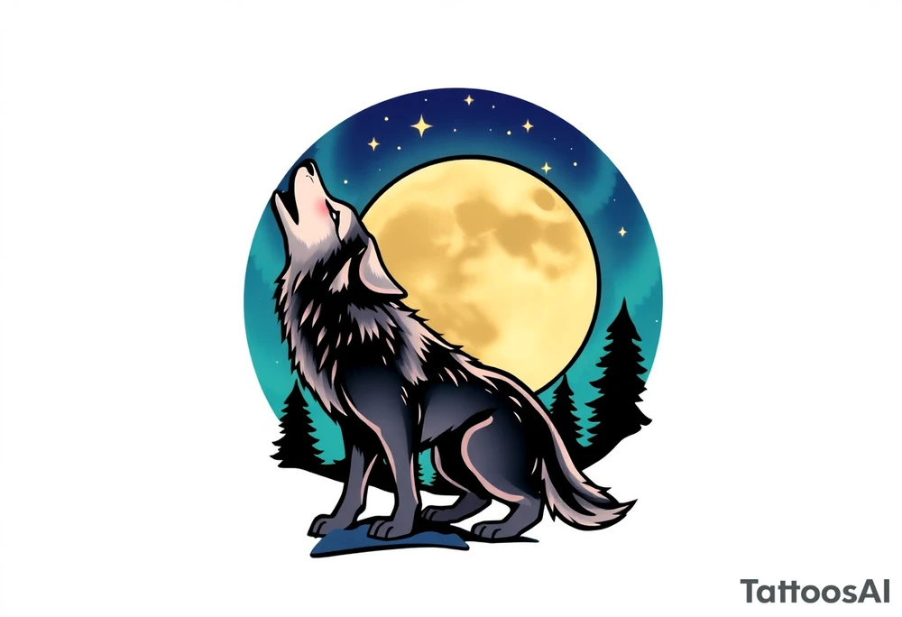 lone wolf howling at full moon with northern lights back drop 66⁶6⁶6 tattoo idea