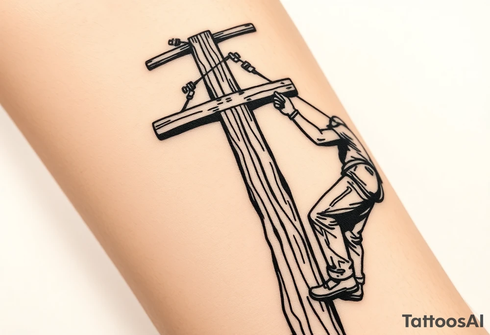 power lineman climbing a wooden 12kv pole. Make the pole a cross that has a hidden resemblance to god. tattoo idea