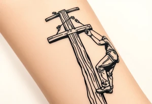 power lineman climbing a wooden 12kv pole. Make the pole a cross that has a hidden resemblance to god. tattoo idea