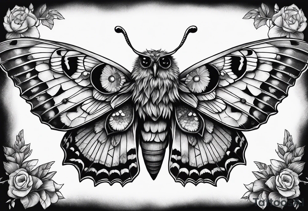 Dead head moth with long wings and owl eyes tattoo idea