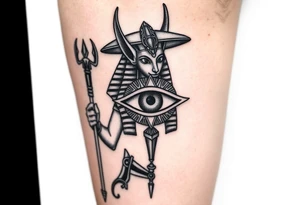 "Anubis as gold ufo. His staff is a satellite antenna. Floating Eye of Horus is a blockchain audit log.  

Style: Hyper-detailed blackwork. Thigh/calf placement." tattoo idea