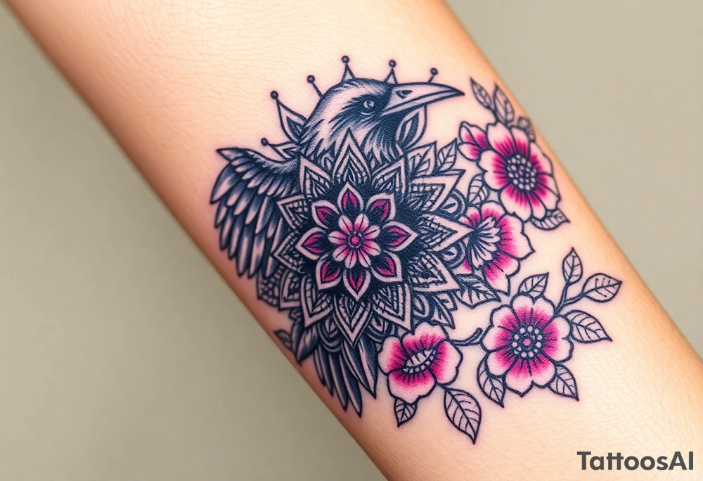 raven mandala and flowers tattoo idea