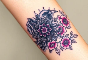 raven mandala and flowers tattoo idea