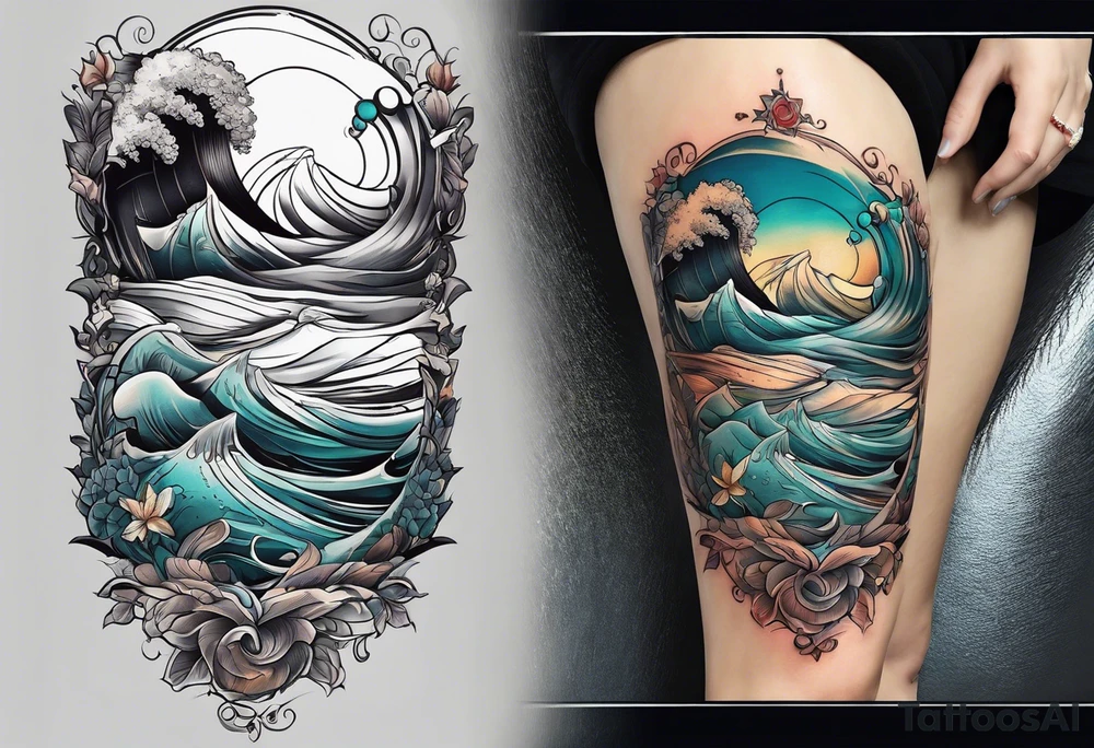 lower leg sleeve with rough ocean tattoo idea