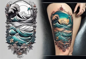 lower leg sleeve with rough ocean tattoo idea
