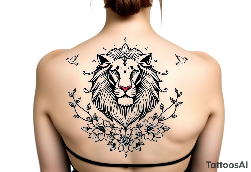 powerful majestic lion with a crown, surrounded by floral ornaments and birds tattoo idea