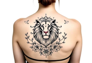powerful majestic lion with a crown, surrounded by floral ornaments and birds tattoo idea