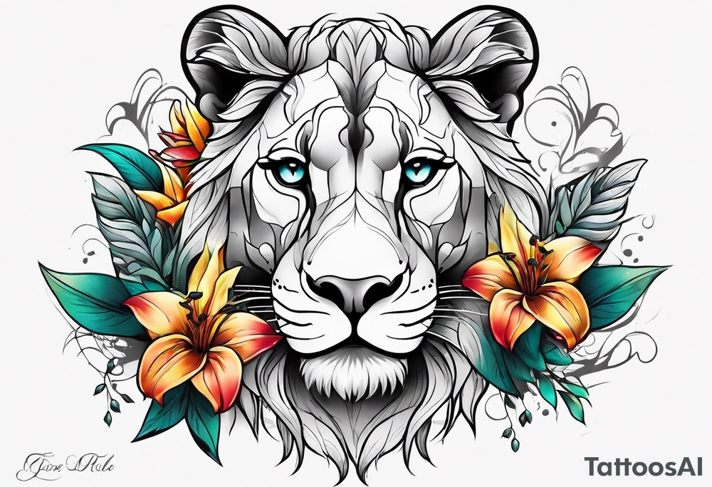 Lioness with lilies and color all over tattoo idea