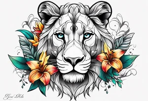 Lioness with lilies and color all over tattoo idea