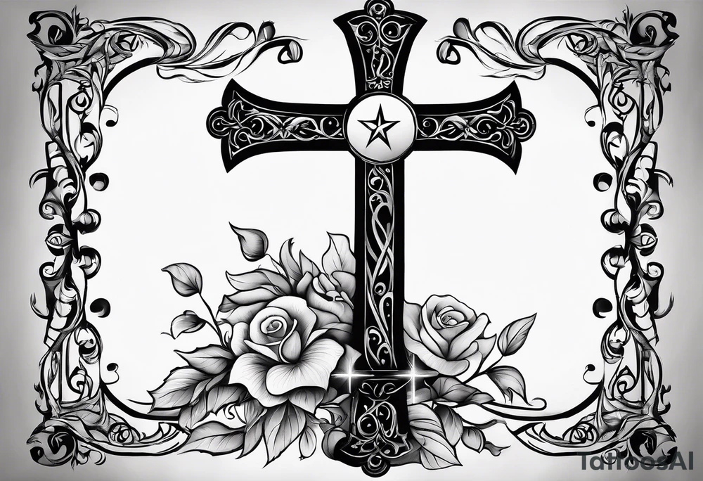 A cross under that is a scroll with my family’s names on it and put some stars around it tattoo idea
