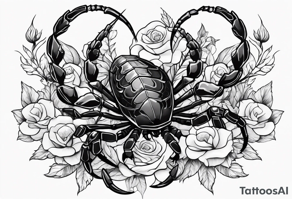 futuristic scorpion animation with flowers bloody tattoo idea