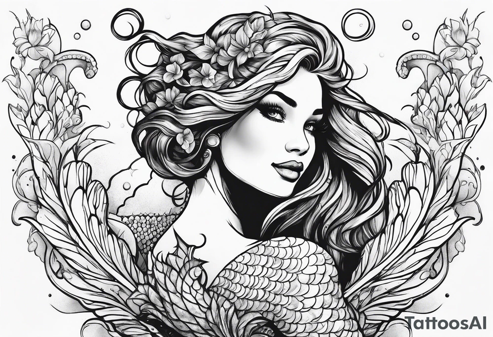 Mermaid with her arm up in the air above her head and smiling tattoo idea