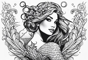 Mermaid with her arm up in the air above her head and smiling tattoo idea