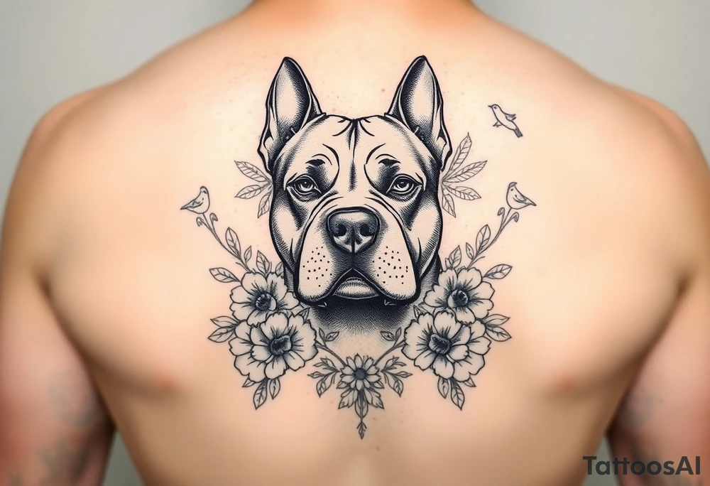 Memorial pit bull, surrounded by floral ornaments and birds tattoo idea