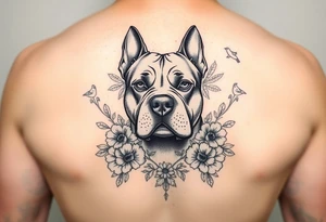 Memorial pit bull, surrounded by floral ornaments and birds tattoo idea