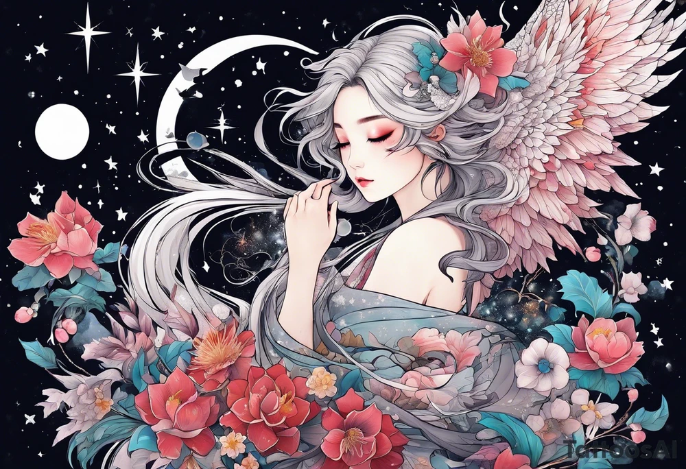 Constellation, wing , snow , cross , dragon female japan kawaii , flower tattoo idea