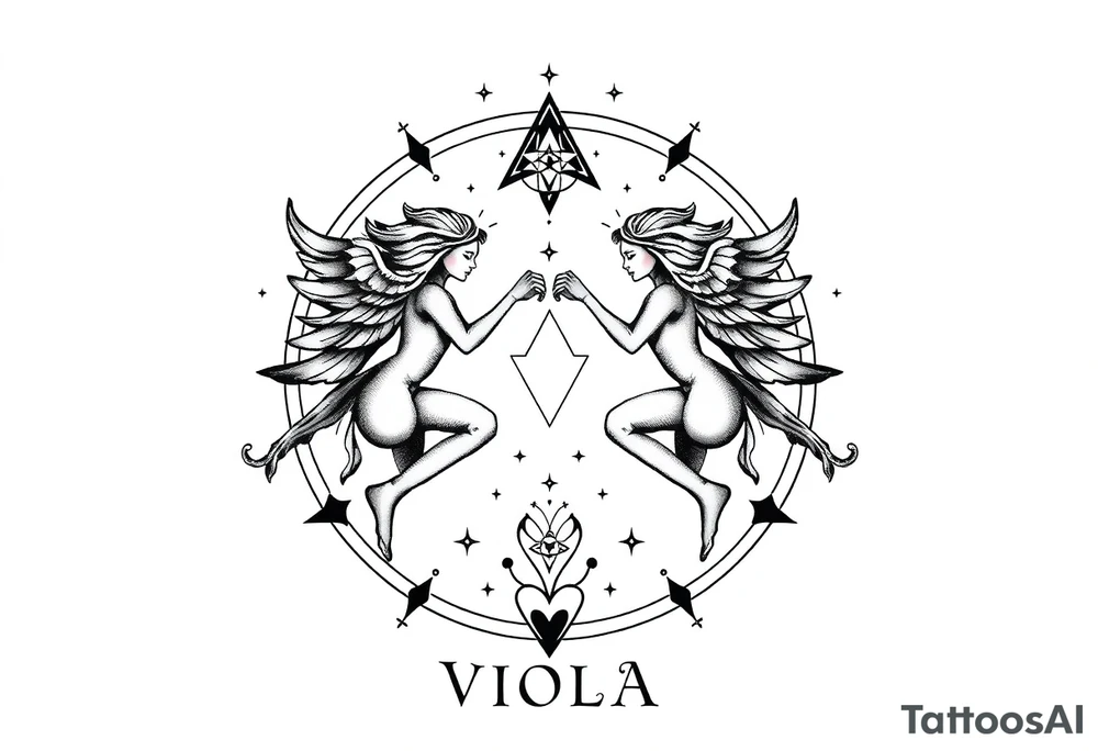 Gemini zodiac stars constellation with sacred geometry and cosmic elements with my name VIOLA In it tattoo idea