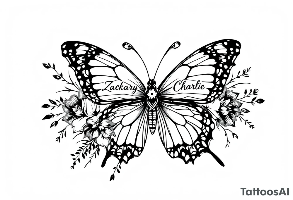 flowers, butterfly with name Zackary and Charlie tattoo idea