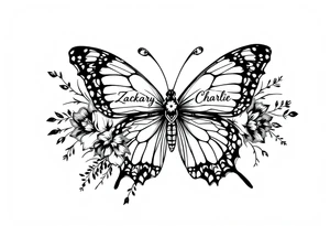 flowers, butterfly with name Zackary and Charlie tattoo idea