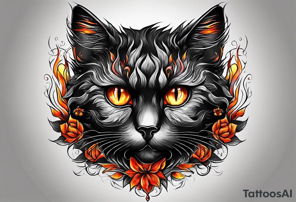 Black cat with burning color tattoo idea