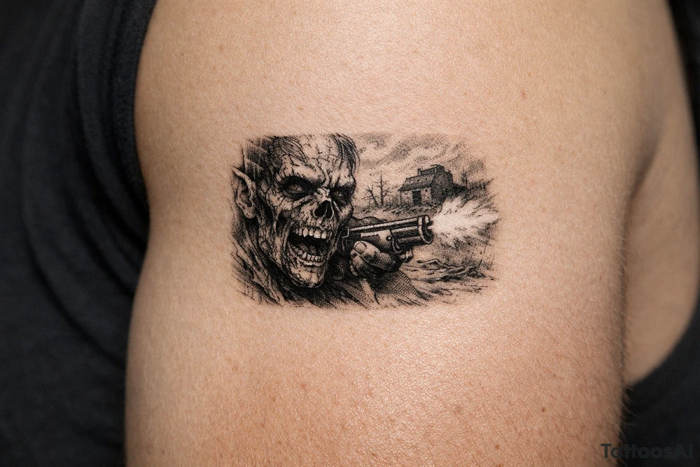 Detailed zombie face, shotgun muzzle flash, dusty, desolate landscape. tattoo idea