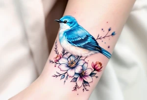 Puffy bluebird surrounded by wild flowers tattoo idea