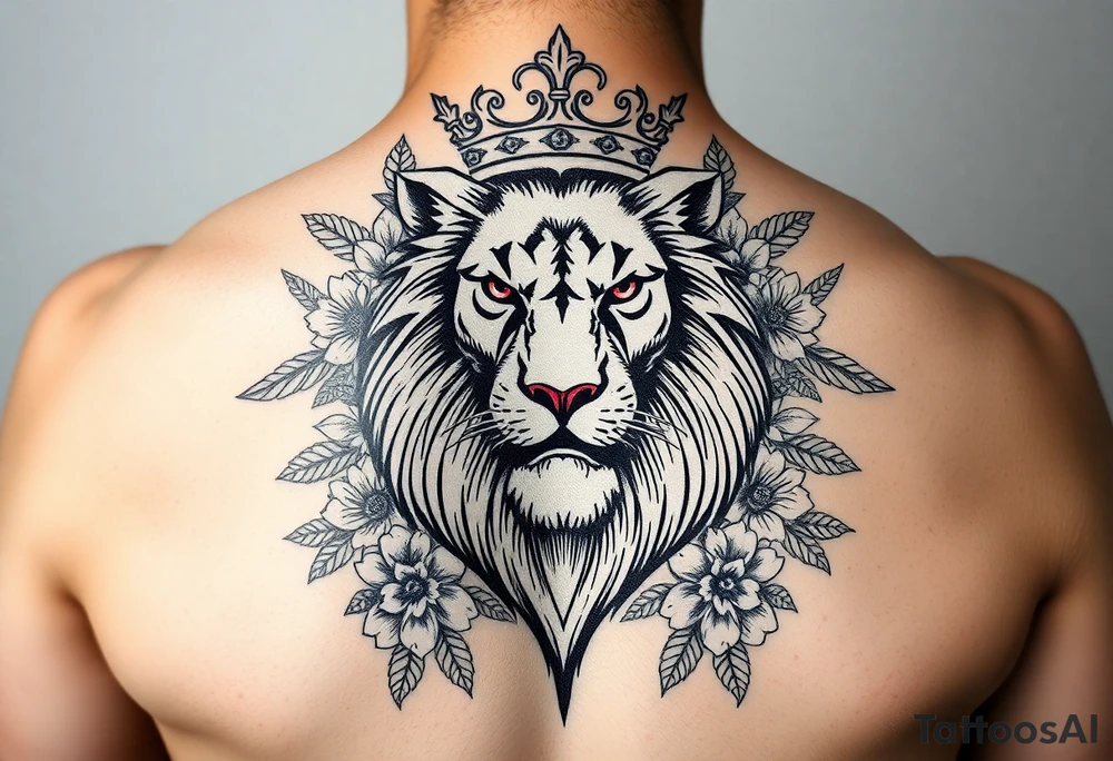 powerful majestic lion with a crown, surrounded by floral ornaments and birds tattoo idea