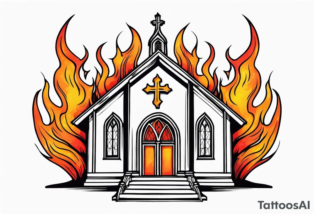 church with flames tattoo idea
