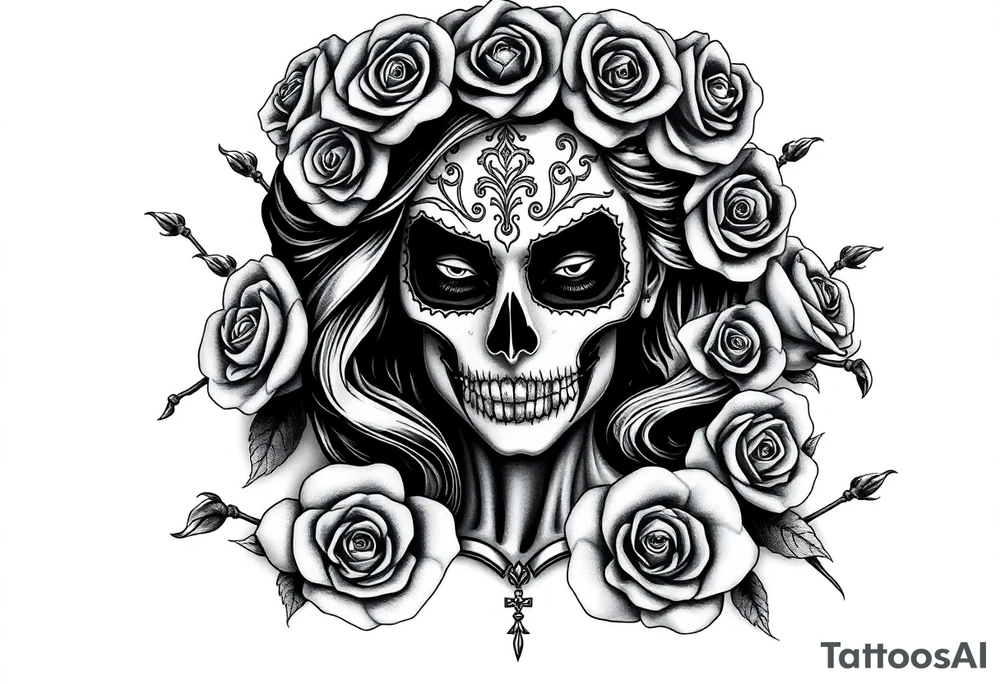 Powerful and evil day of the dead female,  surrounded by unclaimed souls and roses tattoo idea