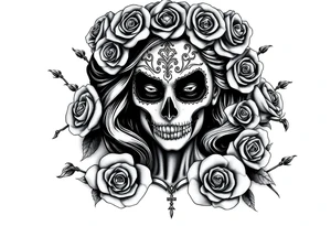 Powerful and evil day of the dead female,  surrounded by unclaimed souls and roses tattoo idea