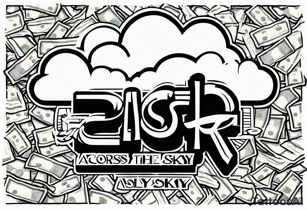 AYEOH across the sky with clouds and wads of cash tattoo idea