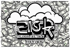 AYEOH across the sky with clouds and wads of cash tattoo idea